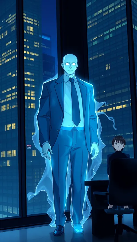 A translucent ghost of a CEO glowing blue-white in a dark skyscraper office at night, an assistant staring at him in shock