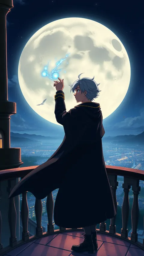 A silver-haired prince on a balcony under a huge moon