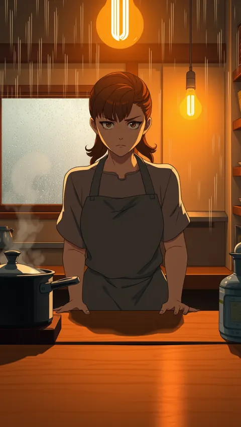 A cook in a plain apron narrowing her eyes in a warm, steamy kitchen at night